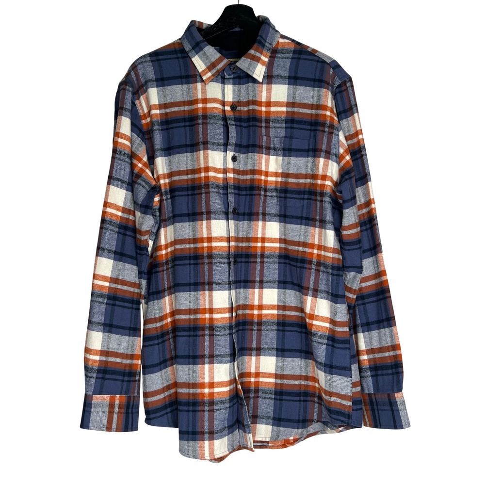 Grove & Hollow Mens Blue Orange Plaid Flannel Button Down Shirt Large Cotton